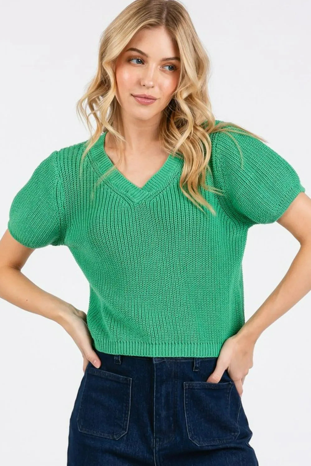 Image of Mittoshop V-Neck Short Sleeve Crop Sweater | Queeble.shop