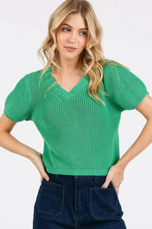 Image of Mittoshop V-Neck Short Sleeve Crop Sweater | Queeble.shop