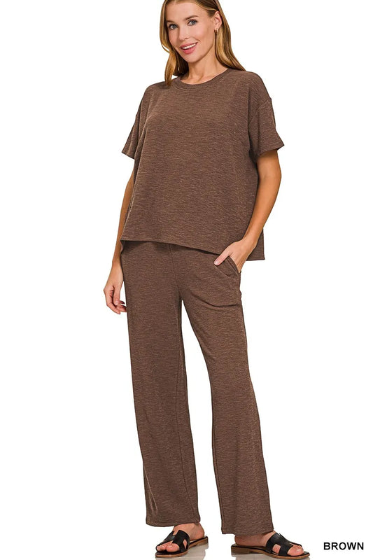 Image of Zenana Slub Short Sleeve T-Shirt and Pants Set | Queeble.shop