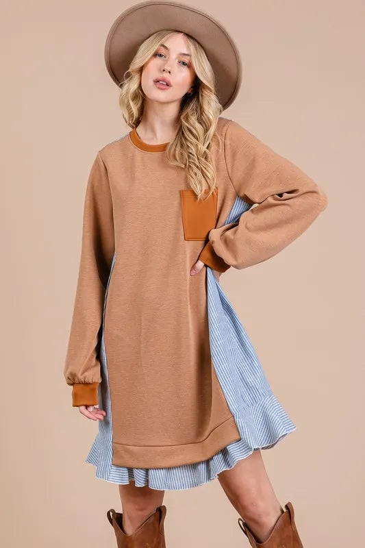 Image of Ces Femme Striped Patchwork Round Neck Terry Sweatshirt Dress | Queeble.shop