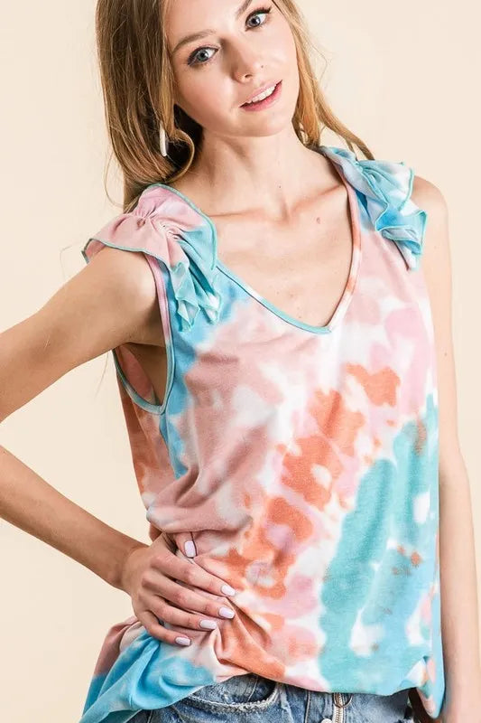 Image of BiBi Circular Tie Dye Knit V Neck Top With Ruffle | Queeble.shop