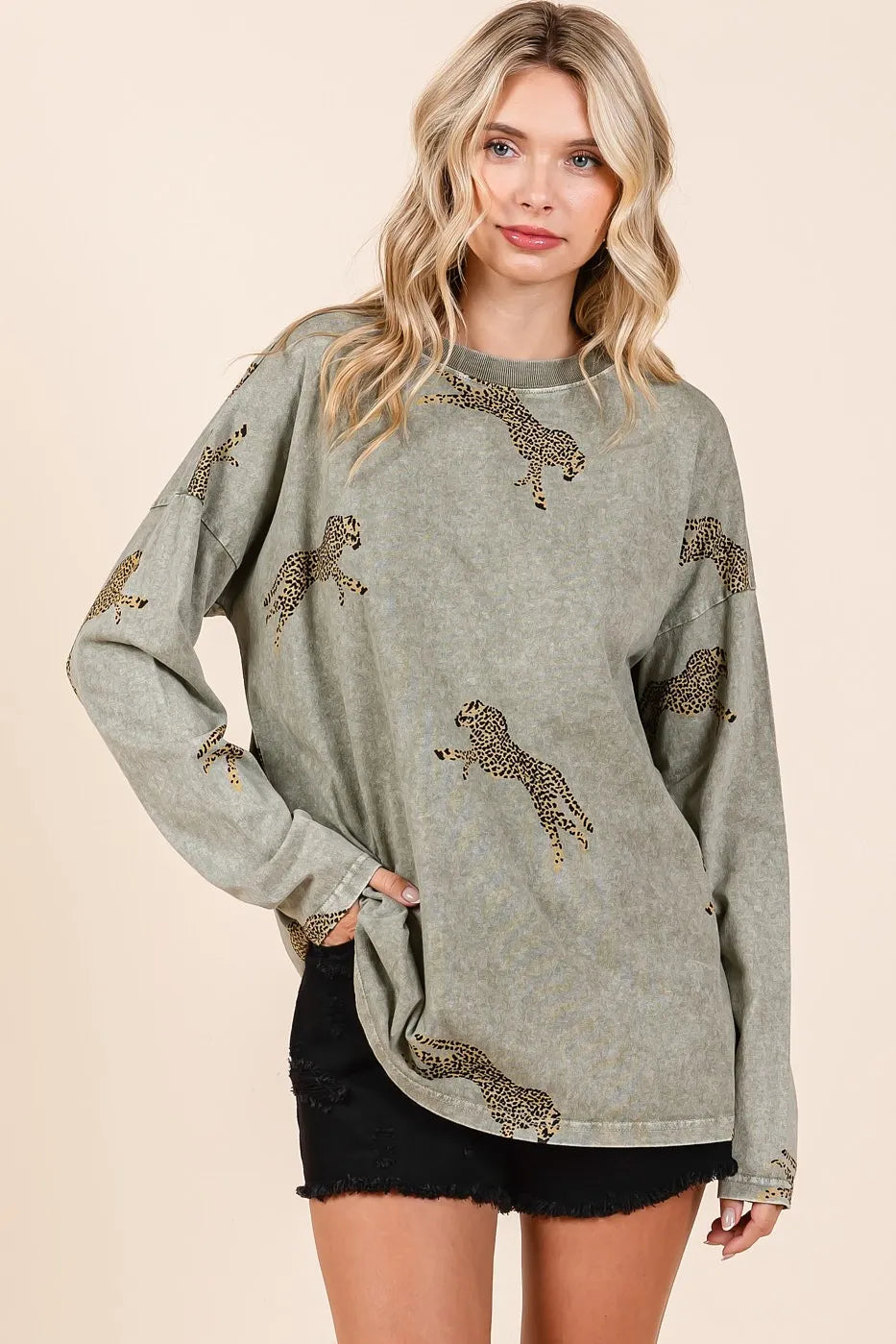 Image of Mittoshop Mineral Wash Cheetah Print Long Sleeve Top | Queeble.shop