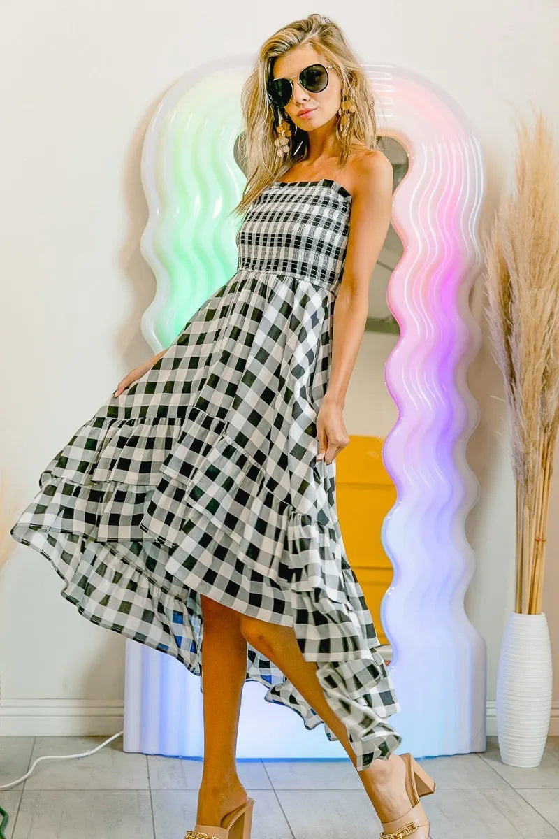 Image of BiBi Smocked Body Off Shoulder Check Dress | Queeble.shop