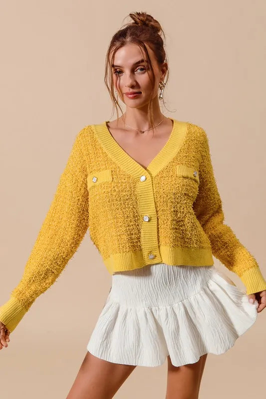 Image of SO ME Frayed Tweed Knit Buttoned Front Cardigan | Queeble.shop