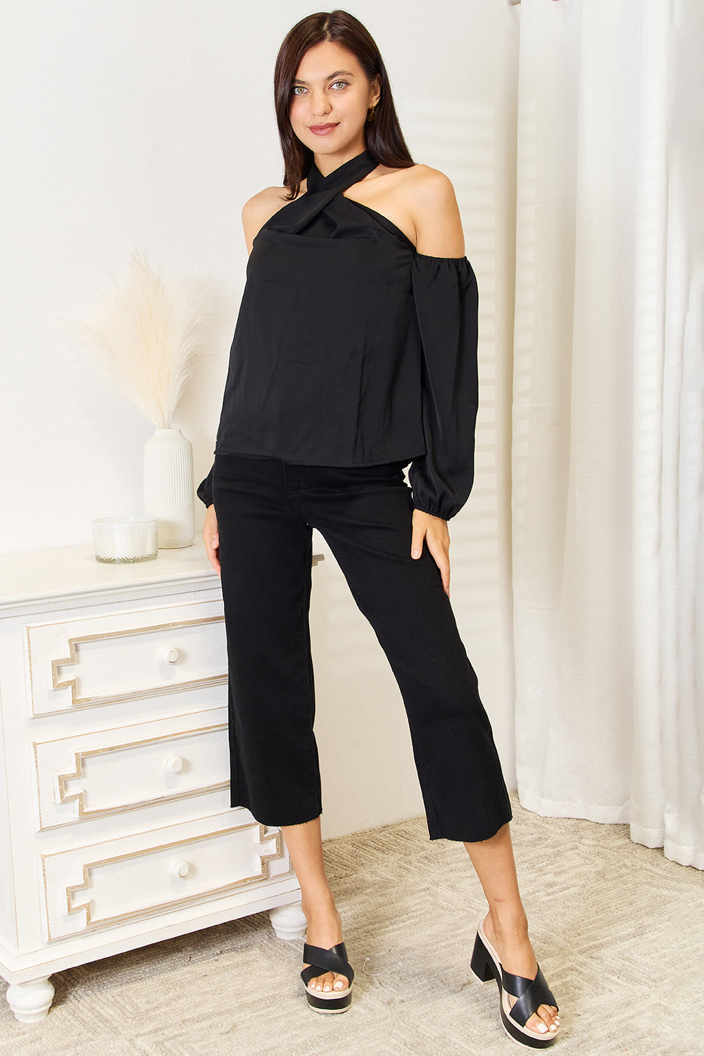 Image of Perfee Grecian Cold Shoulder Long Sleeve Blouse | Queeble.shop