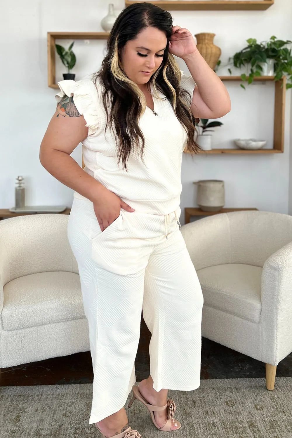 Image of Double Take Texture Ruffle Short Sleeve Top and Drawstring Wide Leg Pants Set | Queeble.shop