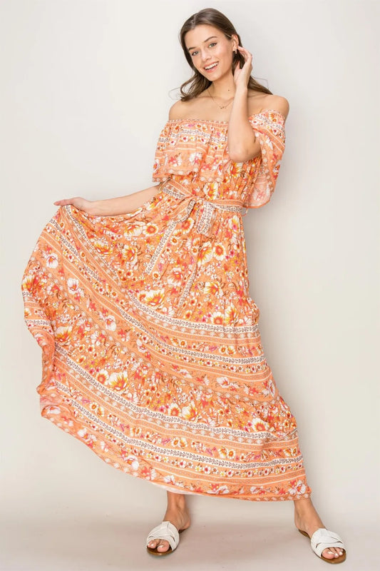 Image of HYFVE Floral Off-Shoulder Tie Front Maxi Dress | Queeble.shop