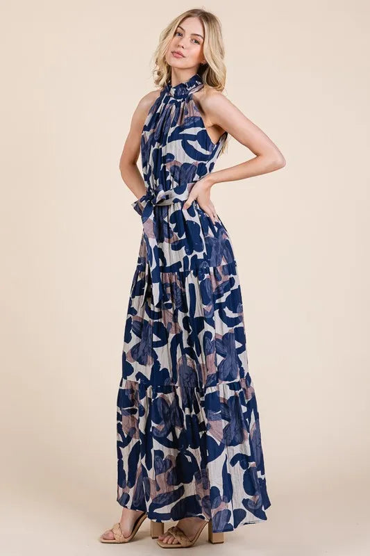 Image of Lime 'N' Chili Abstract Halter Neck Tie-Waist Tiered Maxi Dress | Queeble.shop