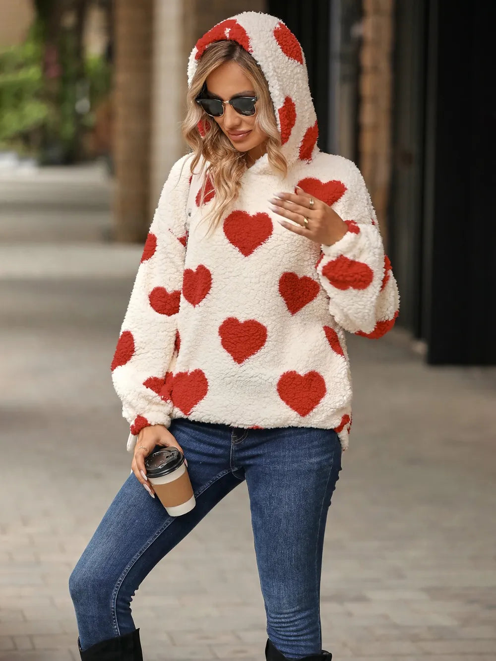 Image of Fuzzy Heart Pocketed Dropped Shoulder Hoodie | Queeble.shop