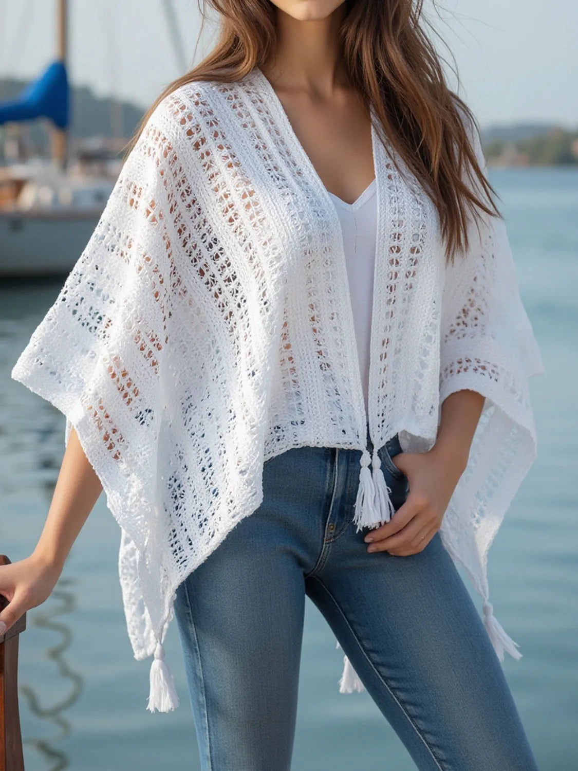 Image of Openwork Tassel Open Front Knit Cover Up | Queeble.shop