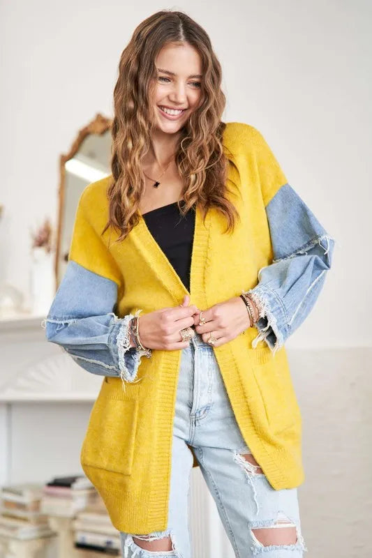 Image of ADORA Full Size Frayed Denim Sleeve Sweater Cardigan Plus Size | Queeble.shop