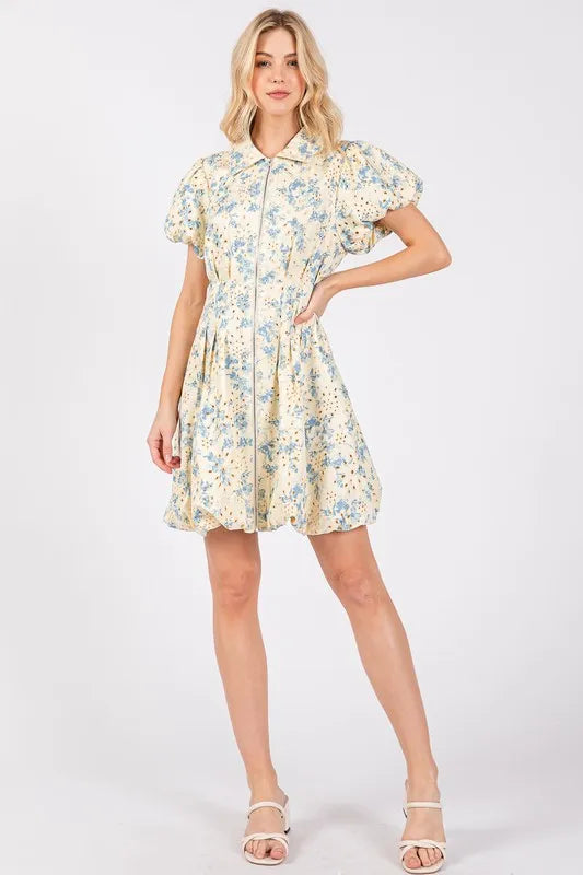 Image of GeeGee Floral Eyelet Zipper Front Puff Sleeve Mini Dress | Queeble.shop