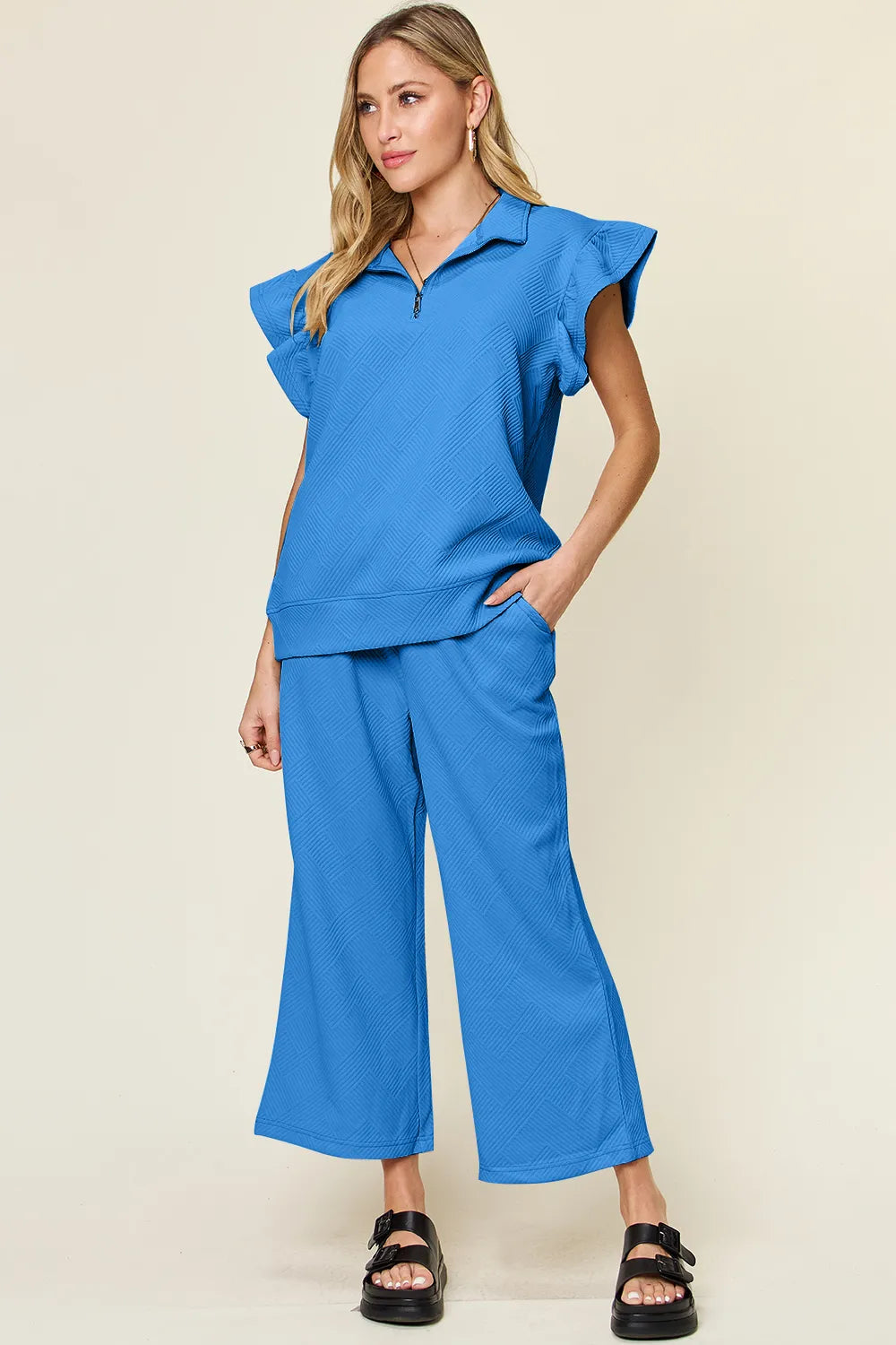 Image of Double Take Texture Ruffle Short Sleeve Top and Drawstring Wide Leg Pants Set | Queeble.shop