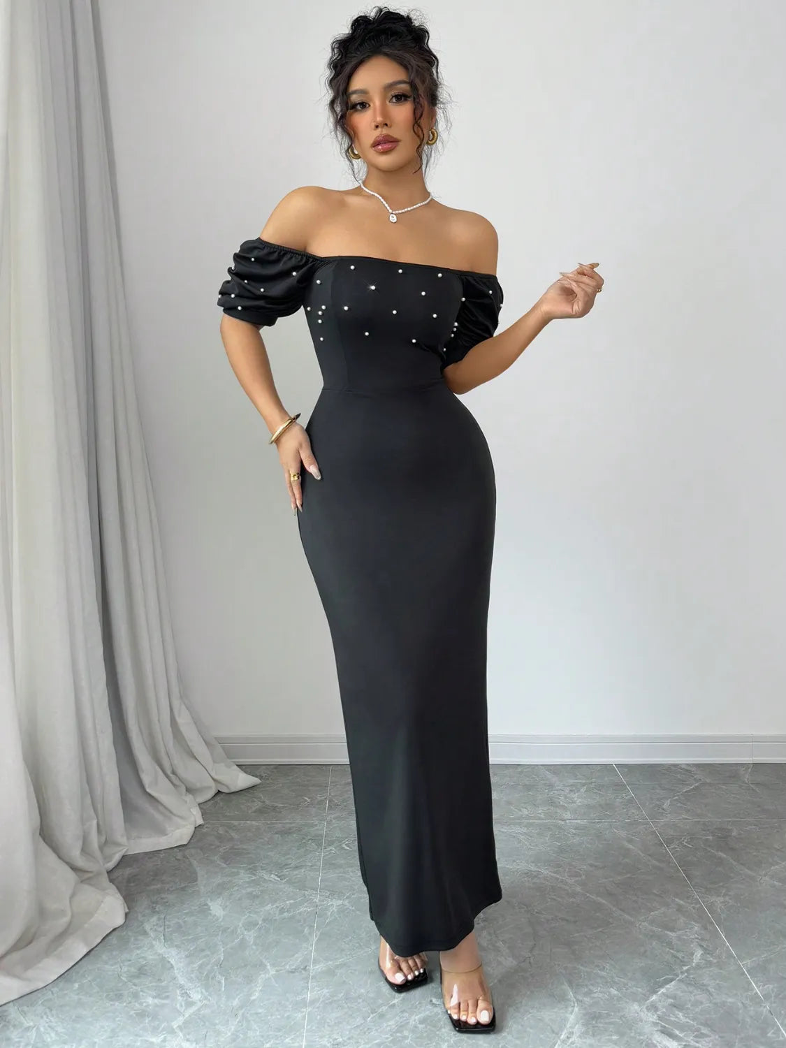Image of Off Shoulder Short Sleeve Maxi Dress | Queeble.shop