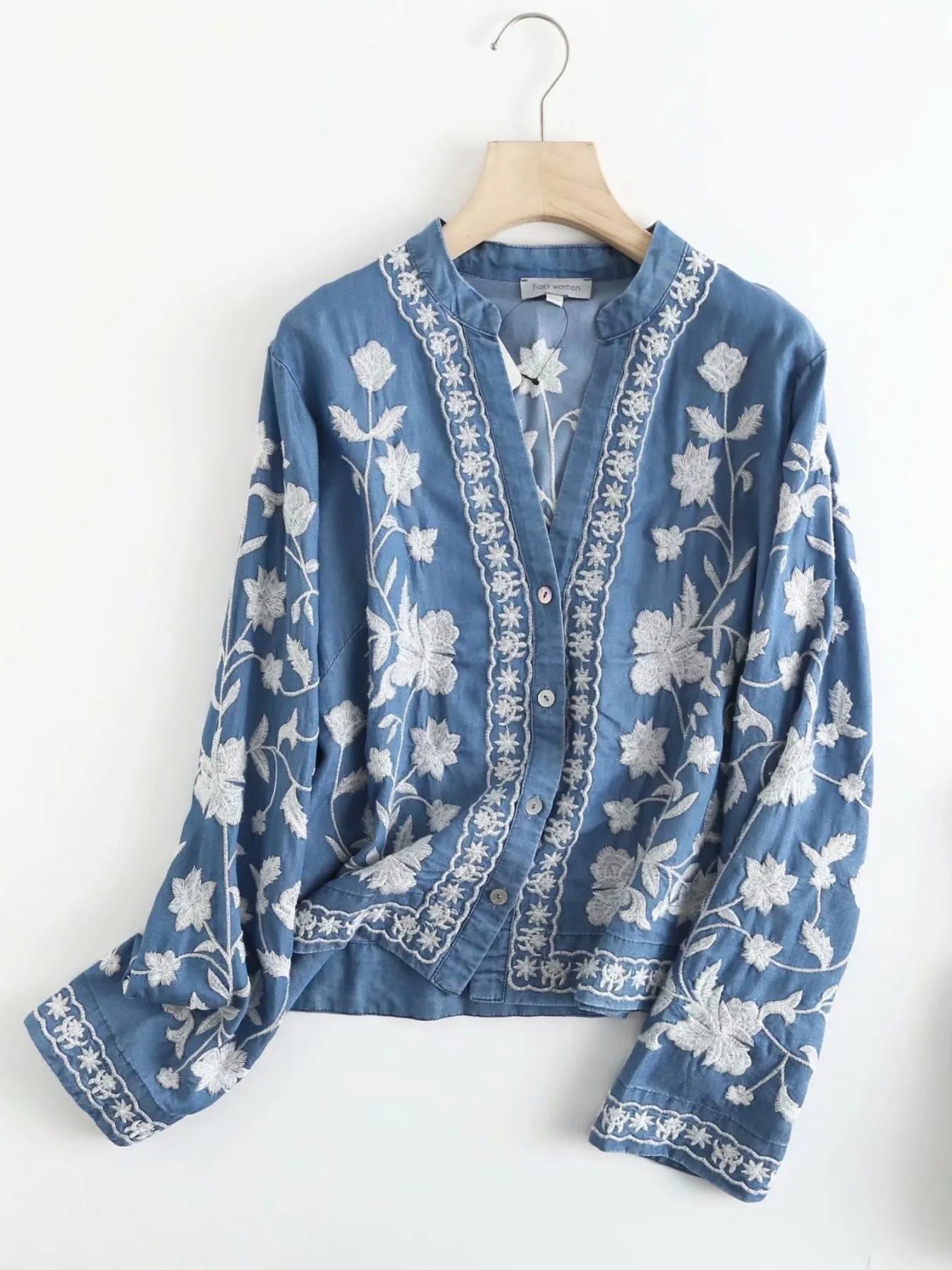 Image of Floral Embroidered Button Up Denim Shirt | Queeble.shop