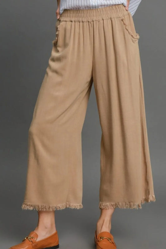 Image of Umgee Full Size Linen Blend Elastic Waistband Wide Leg Pants Plus Size | Queeble.shop