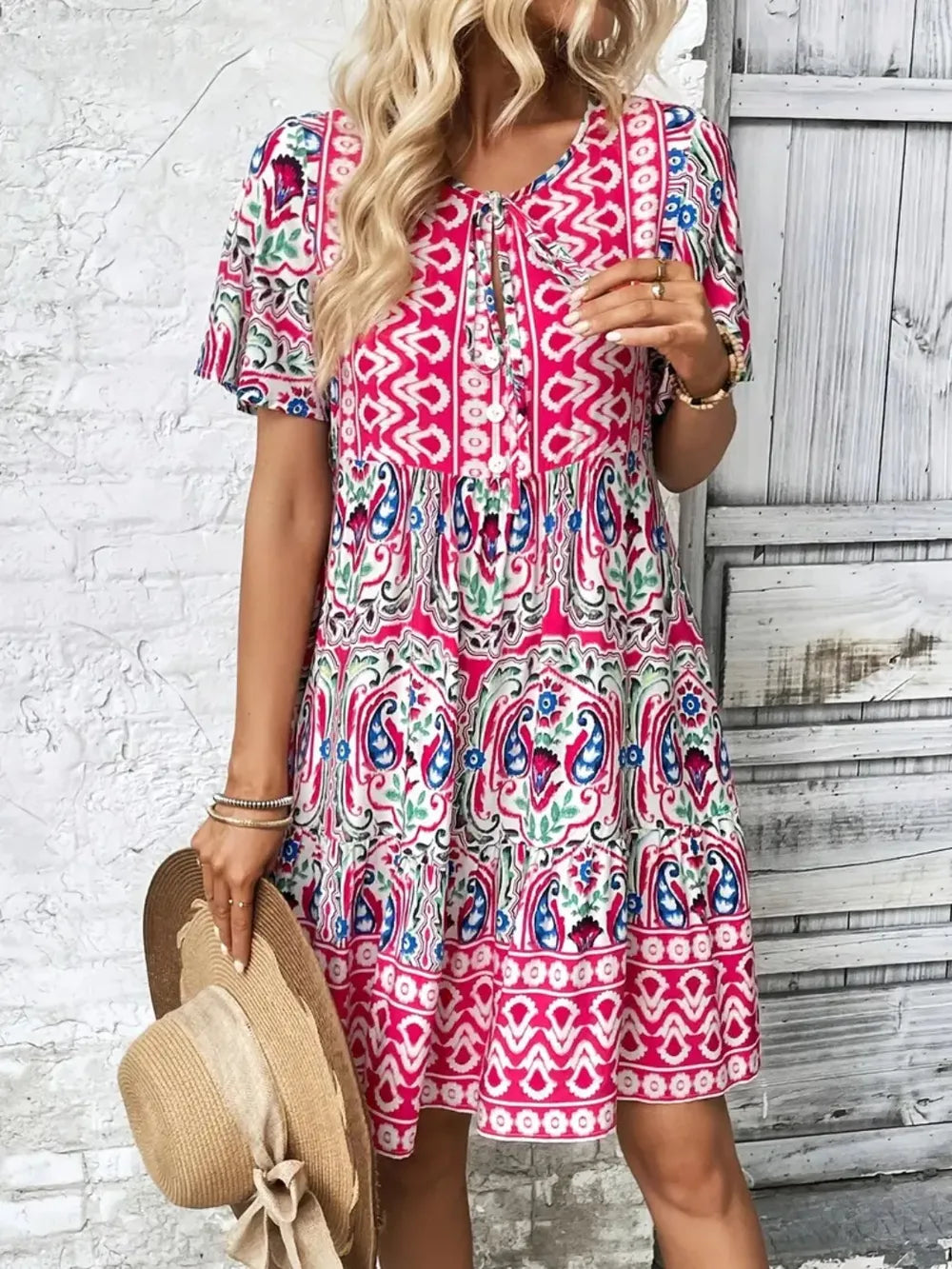 Image of Printed Tie Neck Short Sleeve Dress | Queeble.shop