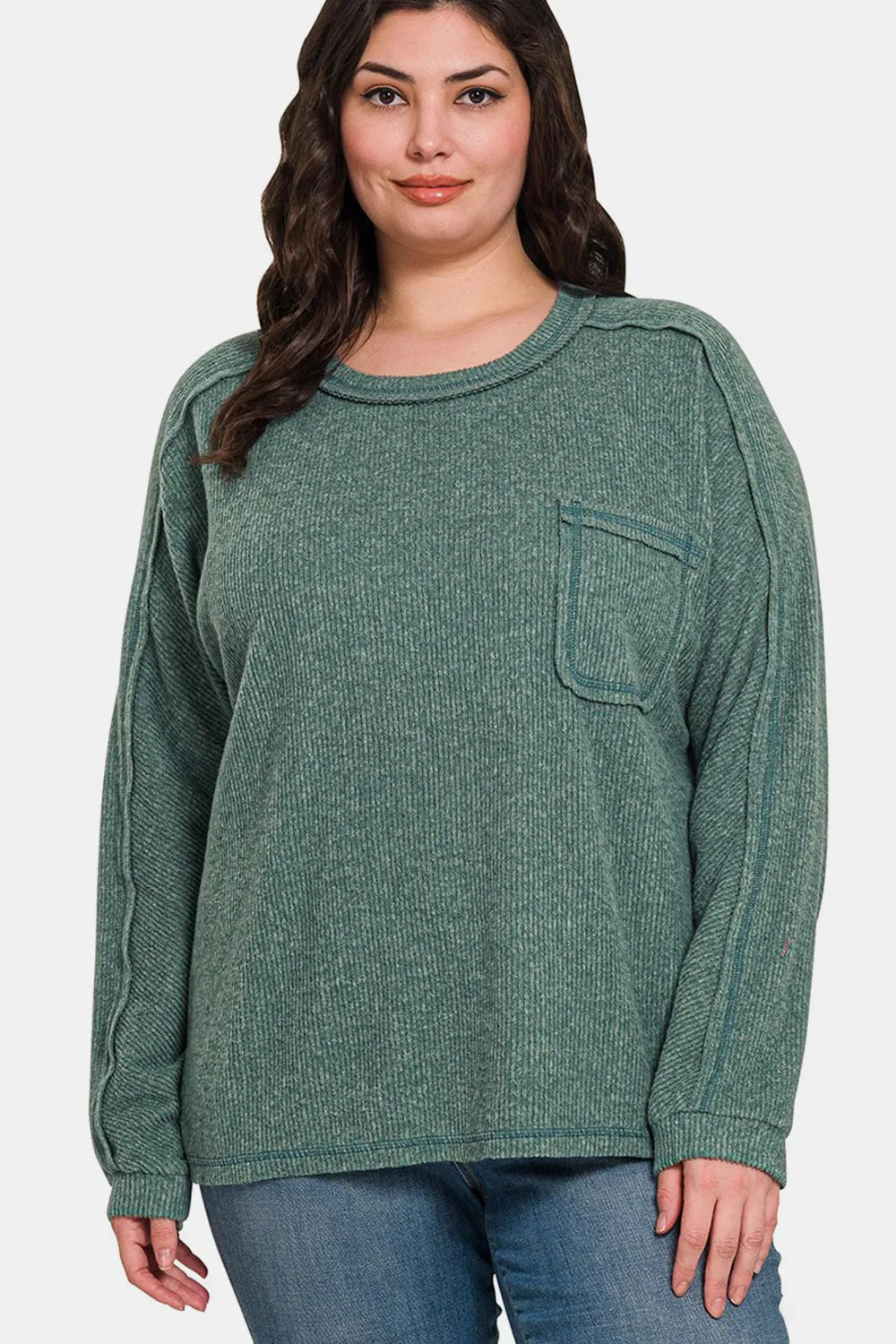 Image of Zenana Full Size Contrast Stitching Brushed Ribbed Hacci Knit Top | Queeble.shop