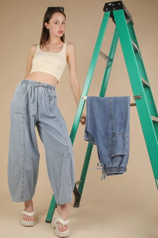 Image of VERY J Washed Chambray Barrel Denim Pants | Queeble.shop