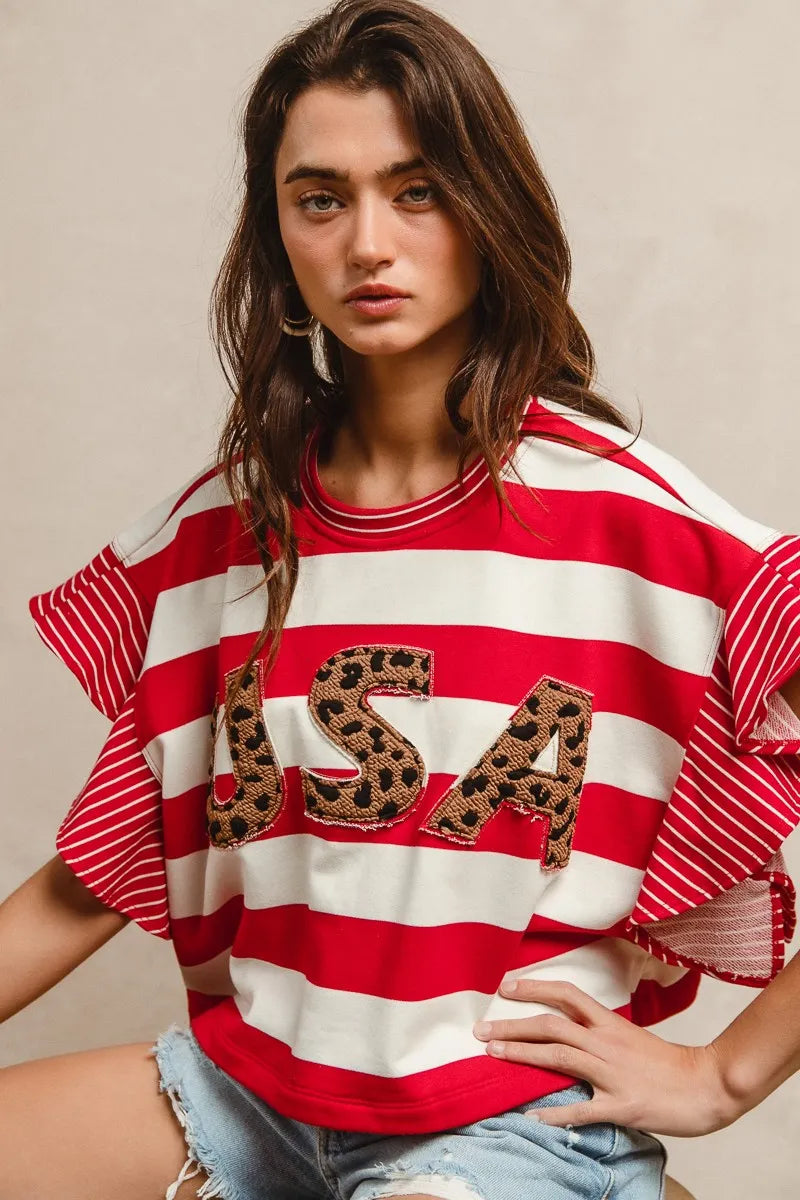 Image of BiBi Stripe Mixed Ruffle Sleeve Top With Leopard Letter | Queeble.shop