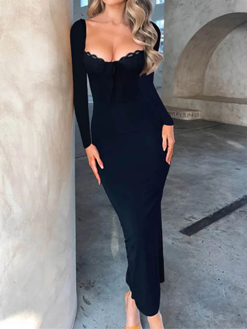 Image of Devine Slit Lace Detail Sweetheart Neck Long Sleeve Maxi Dress | Queeble.shop