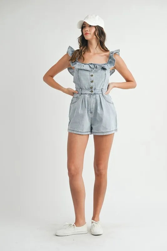 Image of MABLE Off Shoulder Ruffle Detail Denim Romper | Queeble.shop