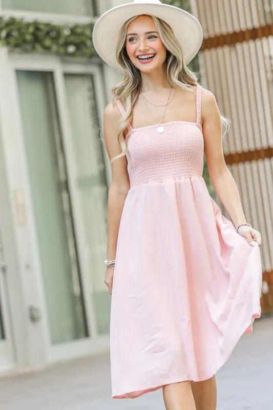 Image of And The Why Smocking Open-Back Sleeveless Midi Dress | Queeble.shop