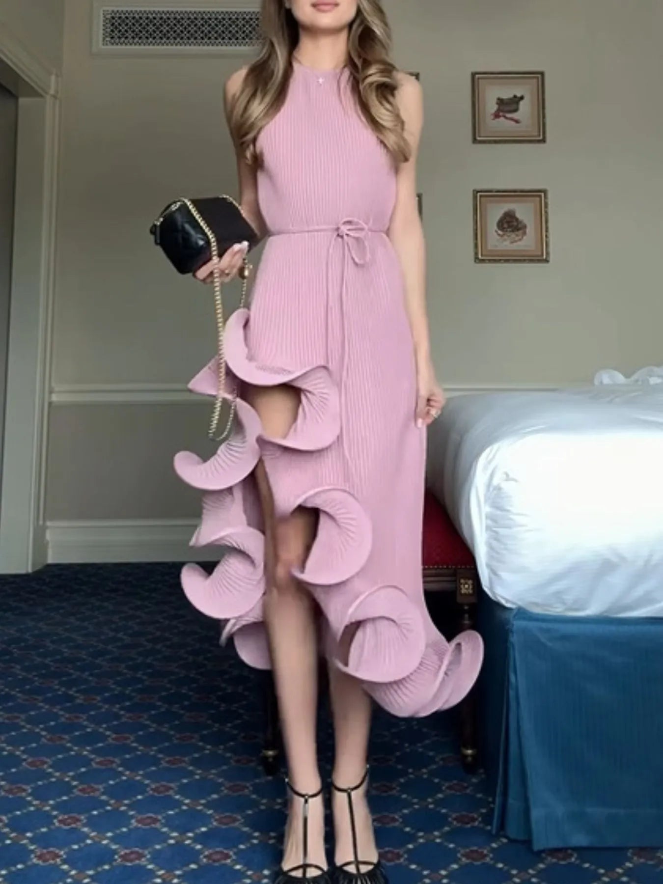 Image of Ruffle Hem Ribbed Sleeveless Dress | Queeble.shop