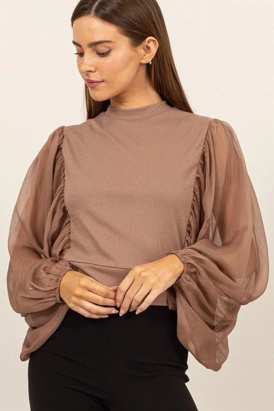 Image of HYFVE Ruched Sheer Long Sleeve Mock Neck Blouse | Queeble.shop
