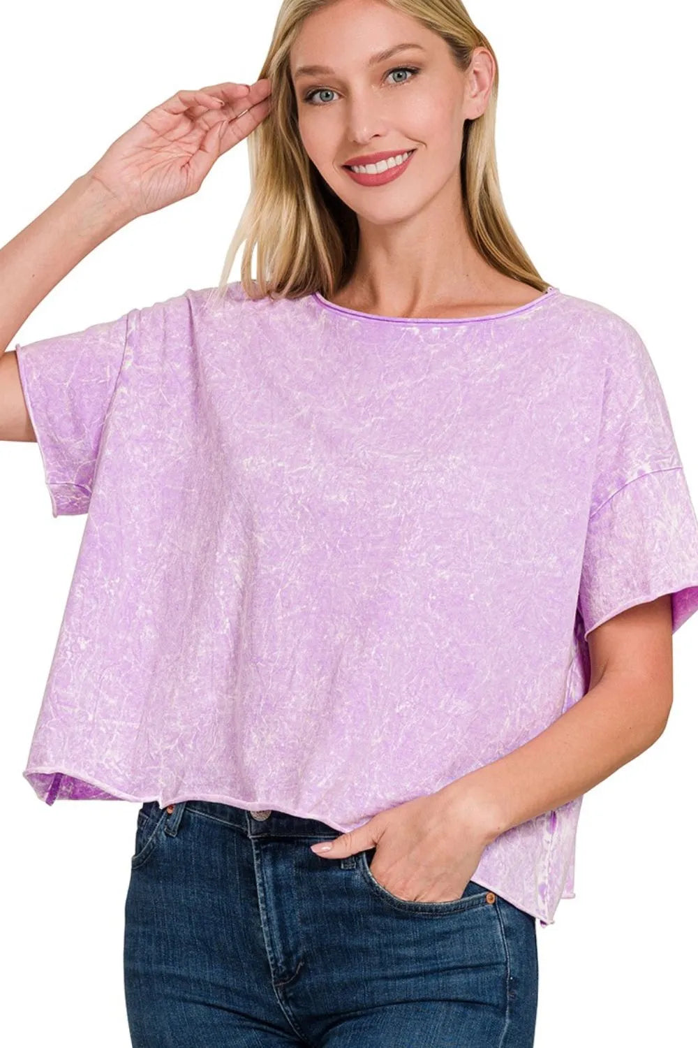 Image of Zenana Washed Crew Neck Short Sleeve Crop Box Tee | Queeble.shop