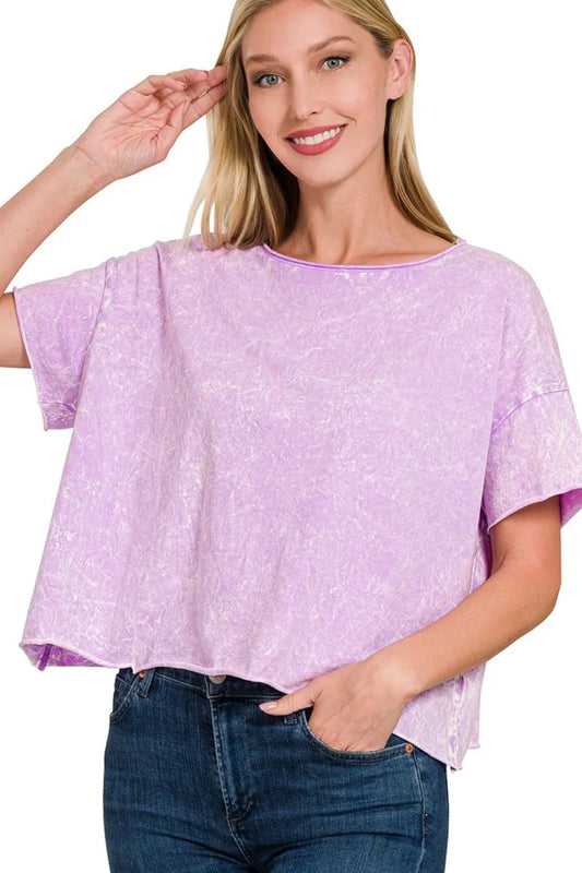 Image of Zenana Washed Crew Neck Short Sleeve Crop Box Tee | Queeble.shop