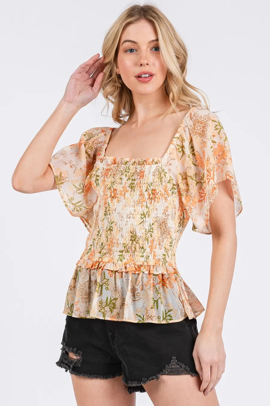 Image of Mittoshop Floral Chiffon Smocked Square Neck Peplum Top | Queeble.shop