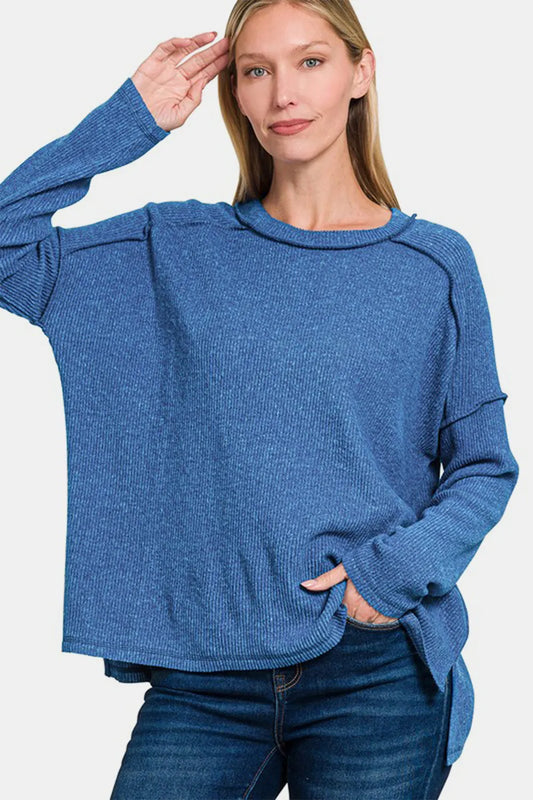 Image of Zenana Full Size Exposed Seam Brushed Round Neck Sweater | Queeble.shop