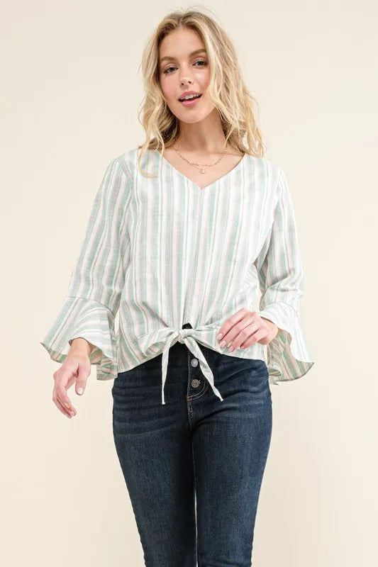 Image of And The Why Stripe Tie Knot Front Bell Sleeve Top | Queeble.shop