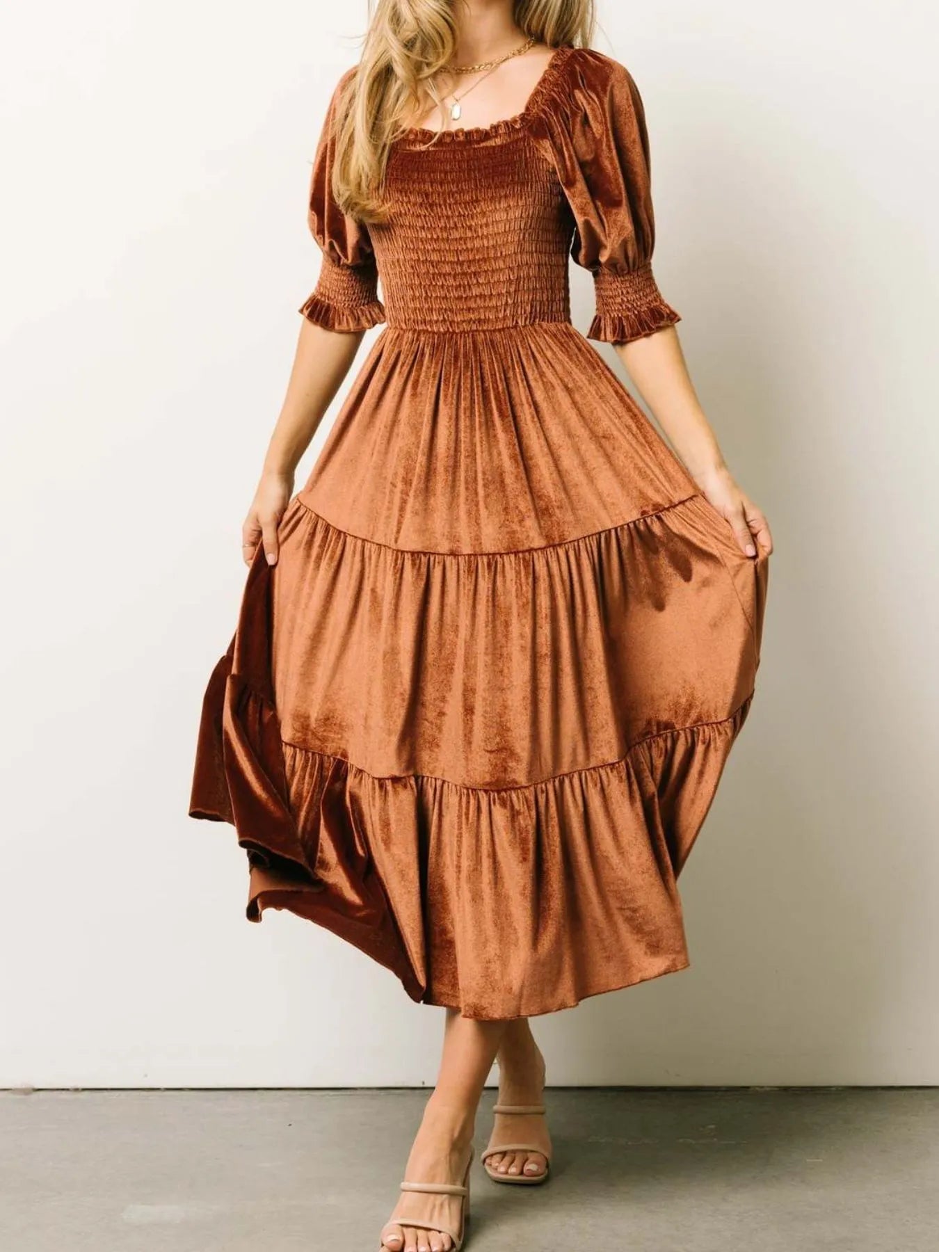 Image of Smocked Half Sleeve Tiered Midi Dress | Queeble.shop