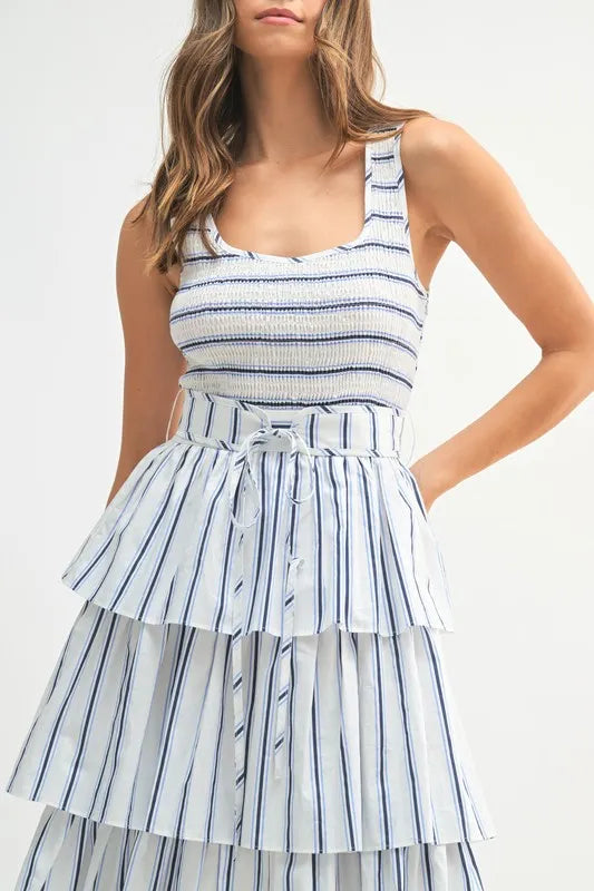 Image of MABLE Pin Stripe Smocked Bodice Layered Midi Dress | Queeble.shop
