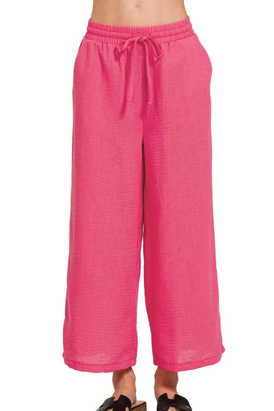 Image of Zenana Woven Crepe Elastic Band Waist Cropped Pants | Queeble.shop