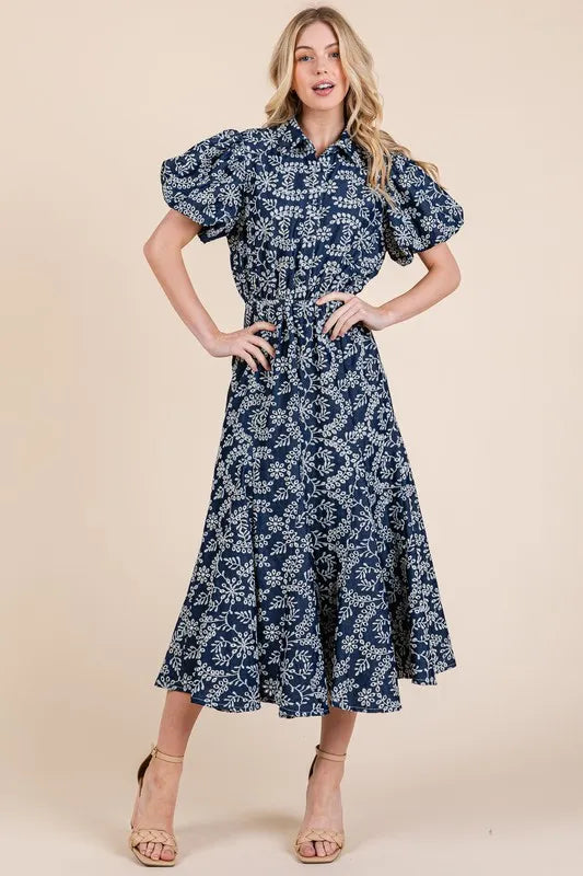 Image of GeeGee Natural Leaf Pattern Eyelet Lace Puff Sleeve Dress | Queeble.shop