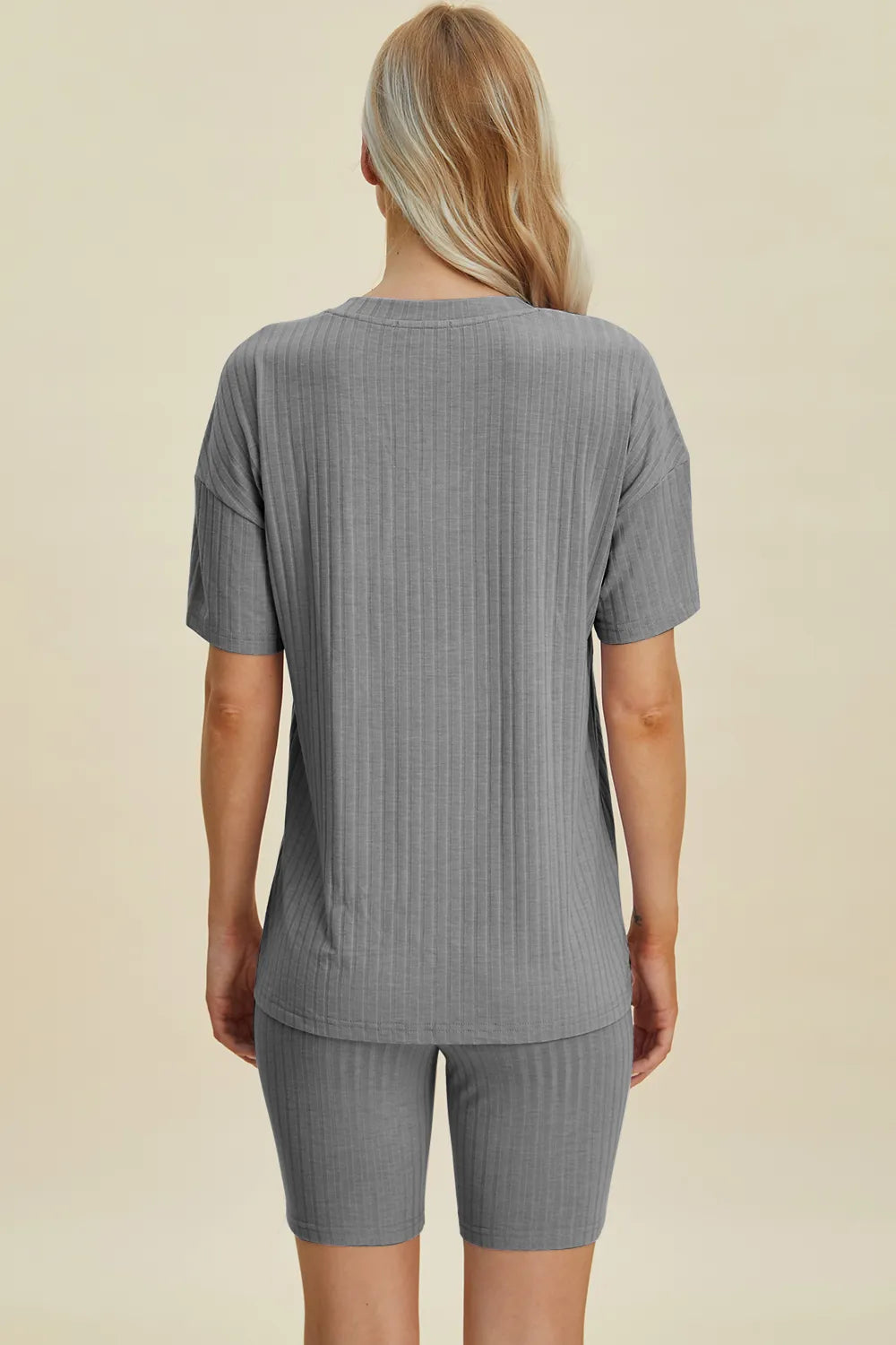 Image of Basic Bae Full Size Ribbed V-Neck Short Sleeve Top and Shorts Set | Queeble.shop