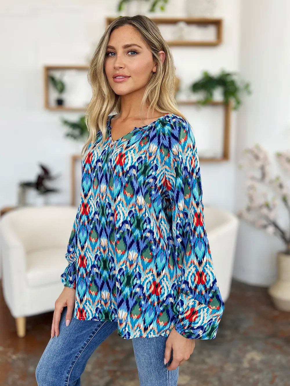 Image of Double Take Full Size Printed Balloon Sleeve Blouse | Queeble.shop