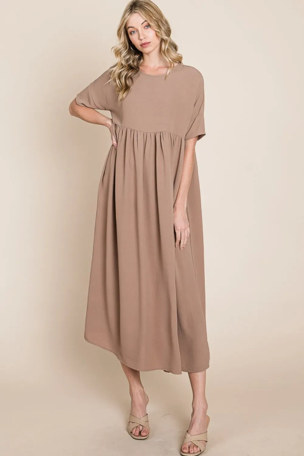 Image of BOMBOM Round Neck Ruched Midi Dress | Queeble.shop