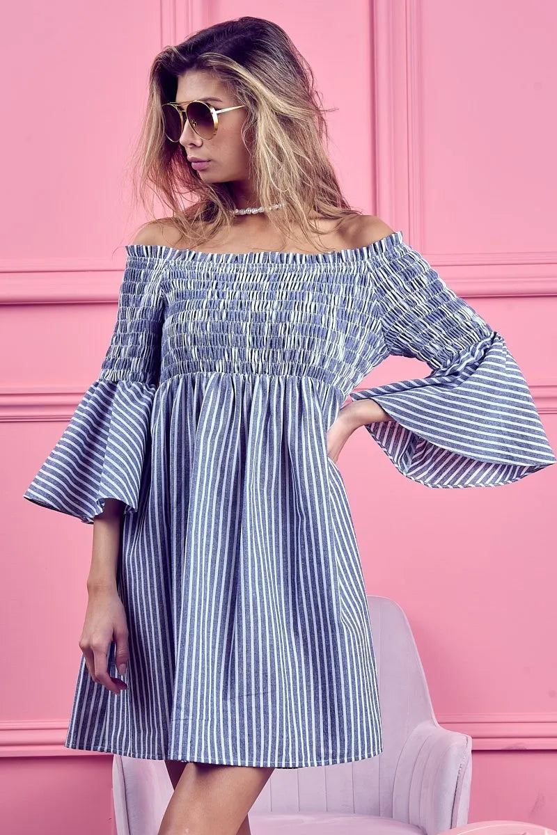 Image of BiBi Smocked Off Shoulder Striped Dress | Queeble.shop