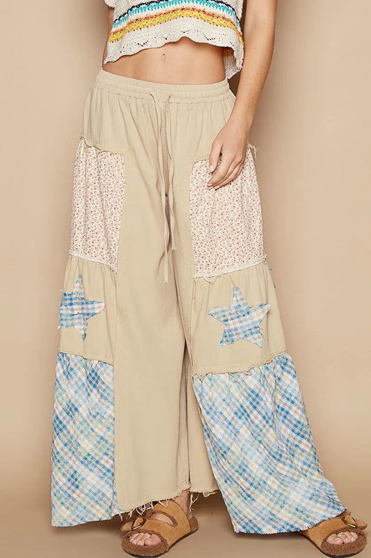 Image of POL Drawstring Star Patch Contrast Wide Leg Pants | Queeble.shop