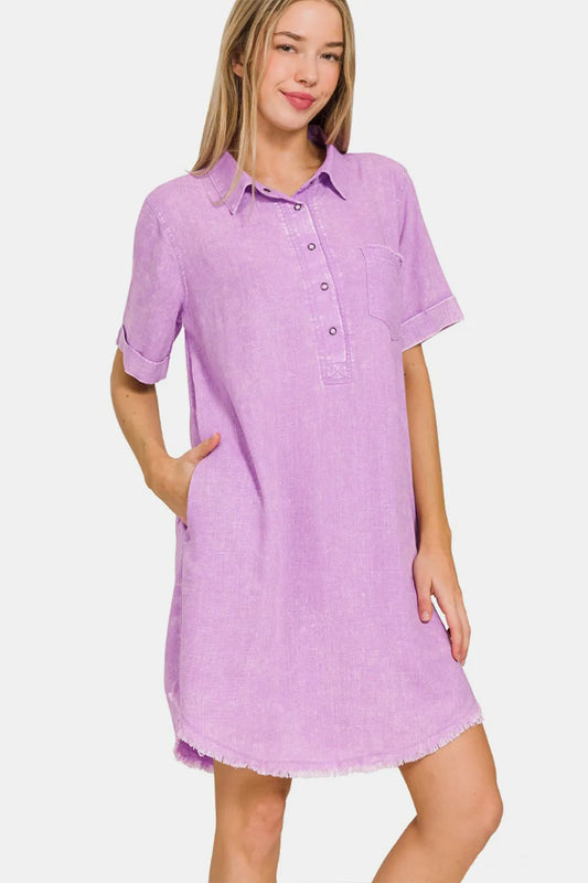 Image of Zenana Washed Linen Raw Hem Dress with Pockets | Queeble.shop