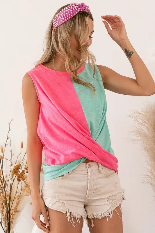 Image of BiBi Slub Terry Color Block Twisted Top | Queeble.shop