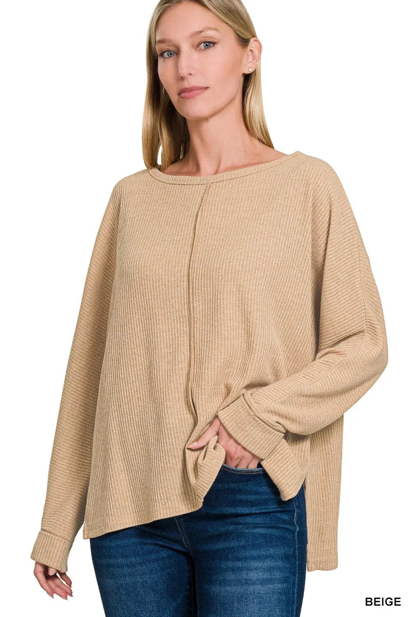 Image of Zenana Ribbed Center Seam Dolman Sleeve Hi Low Sweater | Queeble.shop