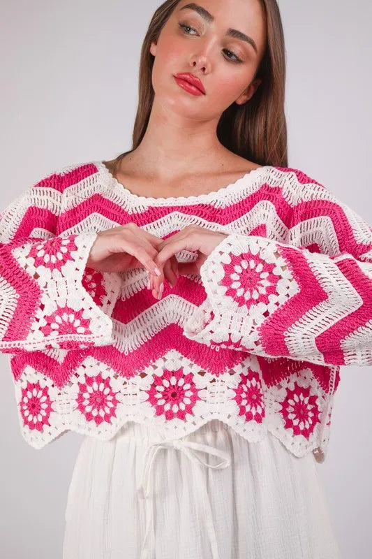 Image of VERY J Chevron/Floral Pattern Crochet Knit Top | Queeble.shop