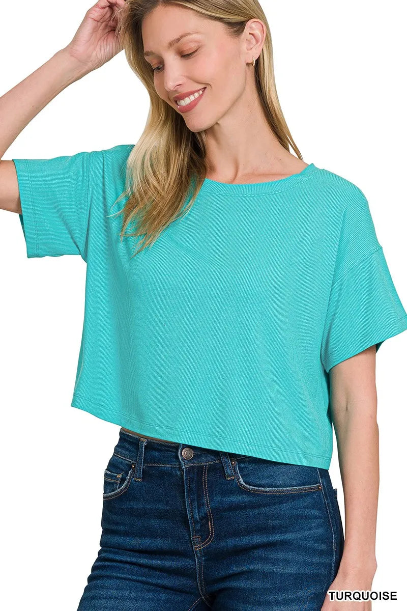 Image of Zenana Ribbed Round-Neck Crop T-Shirt | Queeble.shop