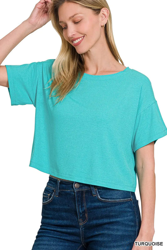Image of Zenana Ribbed Round-Neck Crop T-Shirt | Queeble.shop