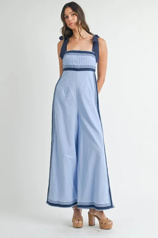 Image of MABLE Linen Mix Chevron Sail Shoulder Strap Jumpsuit | Queeble.shop